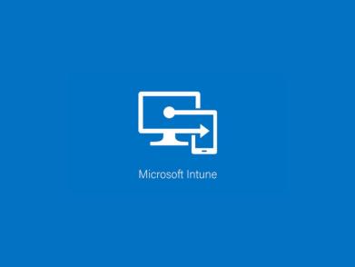 Icon of desktop and mobile device connected by arrow with text “Microsoft Intune”.